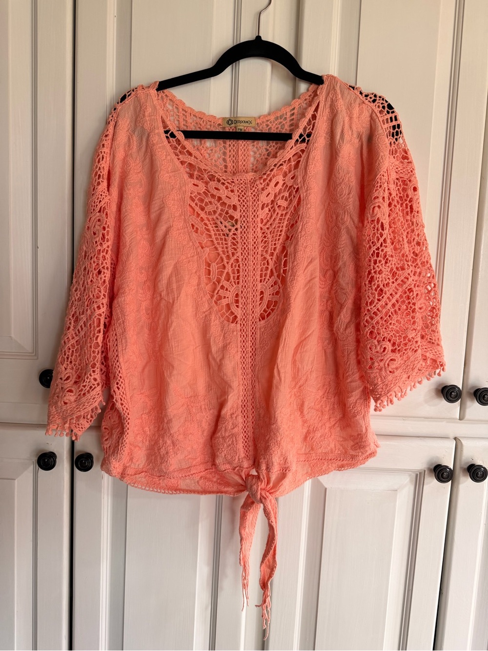 Democracy Coral Crochet Lace Tie-Front Top
